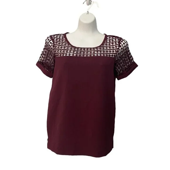 Women's Moral Fiber Burgundy Lace Crochet Zipper Back Blouse - Picture 1 of 8